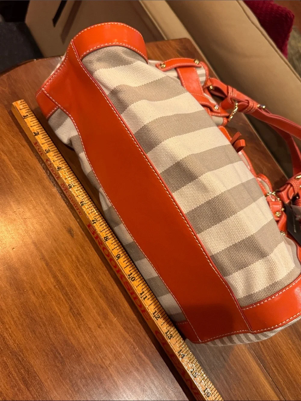 NWT Francesco Biasia Perfect Striped Canvas Leather Tote Bag Orange Luxury Italy - Picture 13 of 14